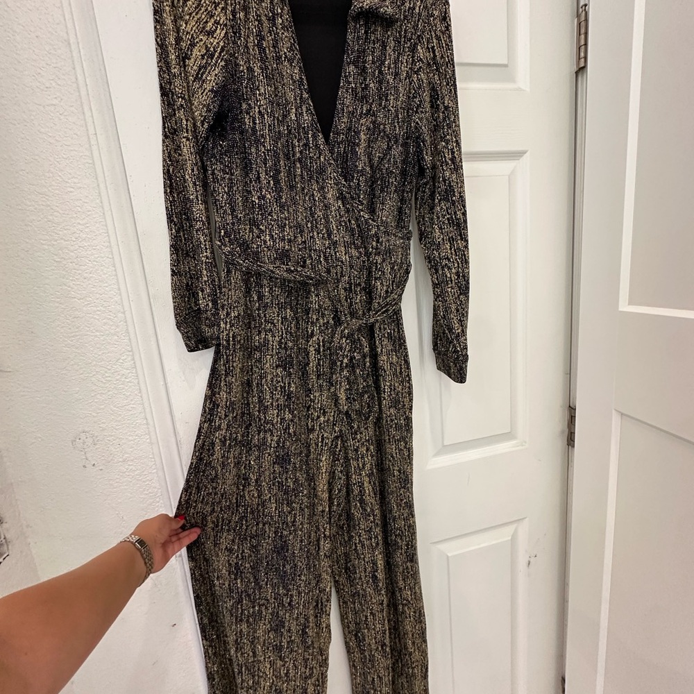 Calvin Klein Black and Gold Metallic Wrap Jumpsuit
